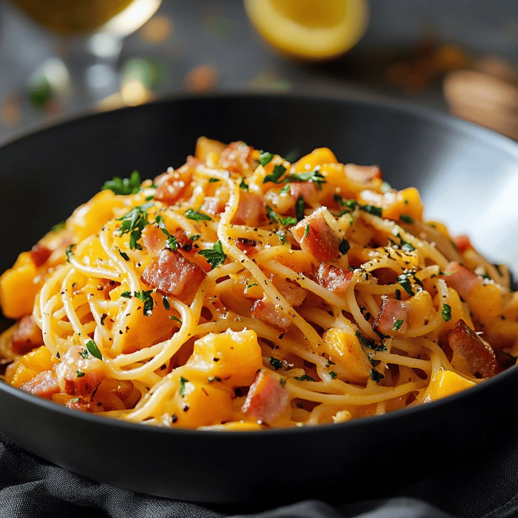 Courge spaghetti à la crème et lardons