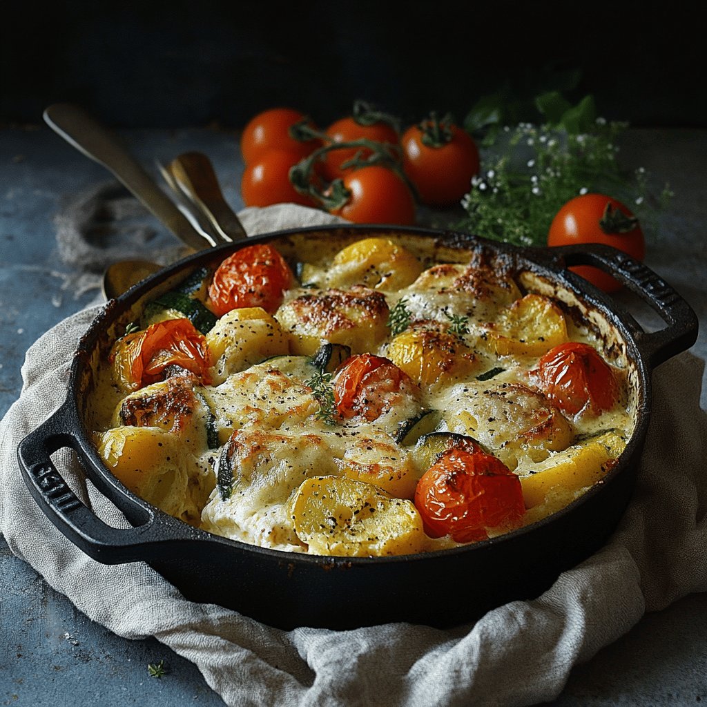 Gratin de pommes de terre, courgettes et tomates