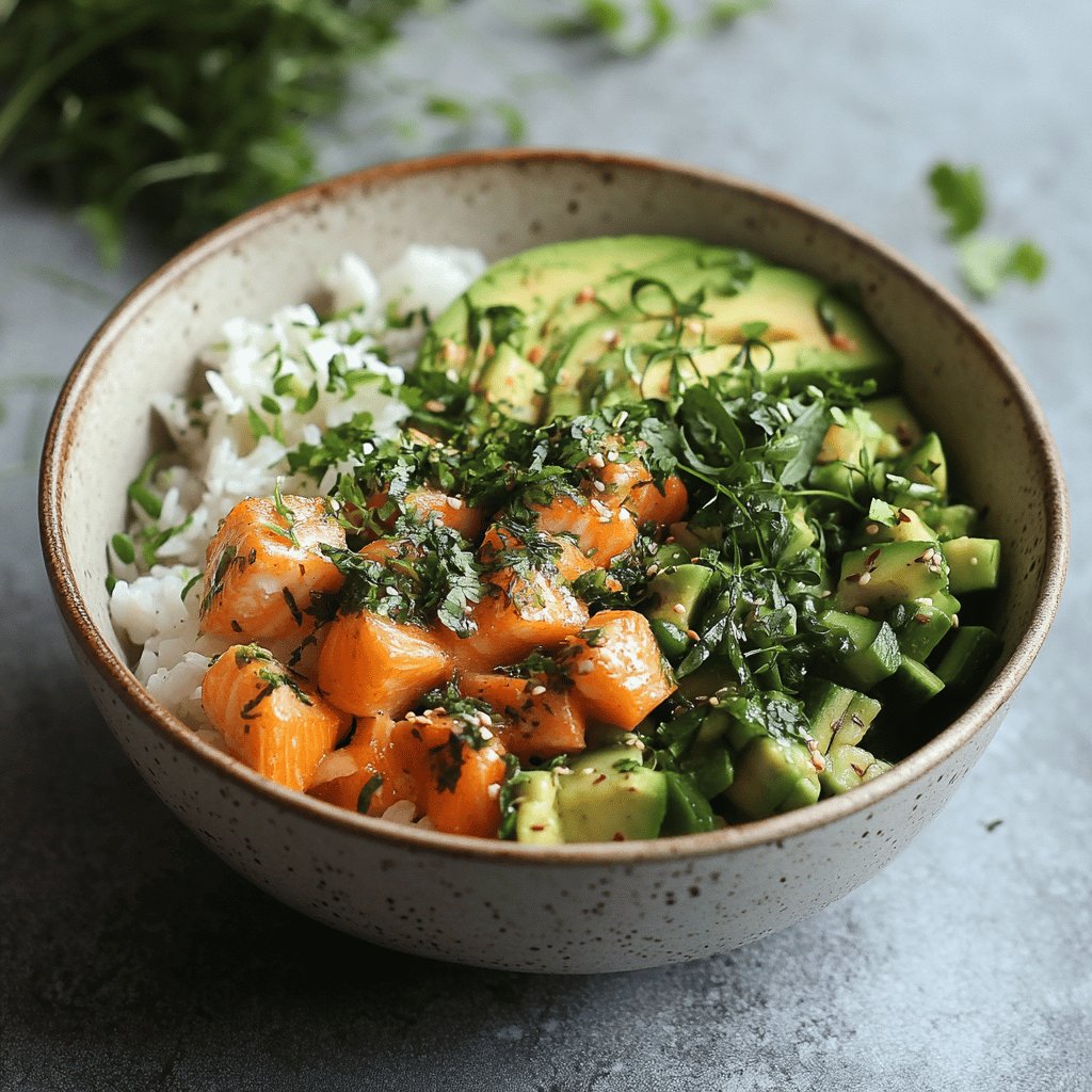 Poke Bowl saumon, avocat, carottes, concombre