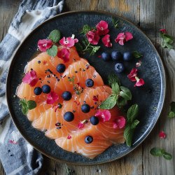 Carpaccio de saumon aux baies roses