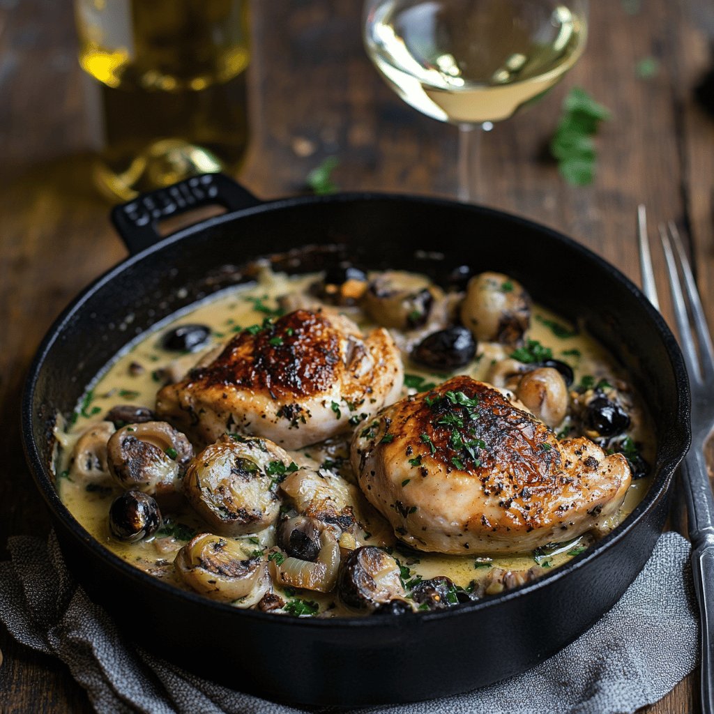 Poulet aux morilles et vin blanc