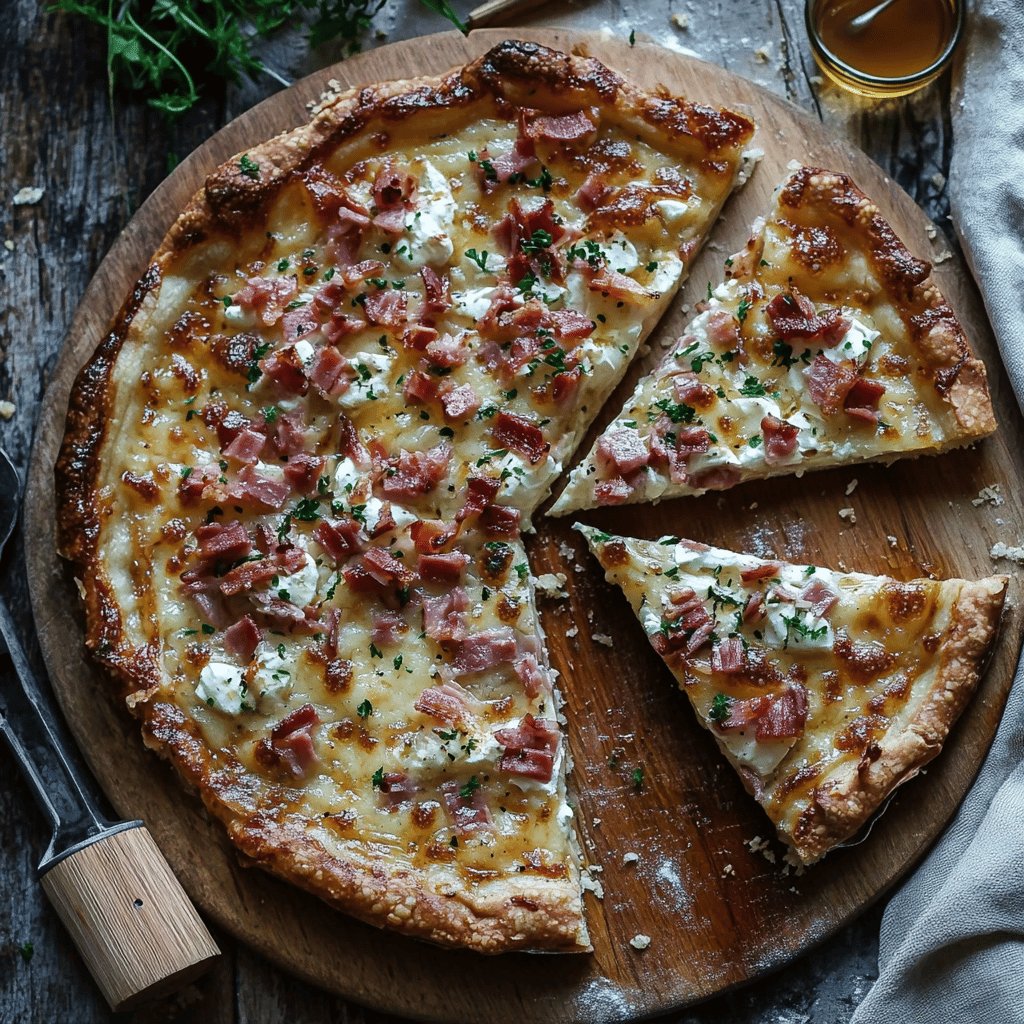 Tarte chèvre chaud, lardons et miel