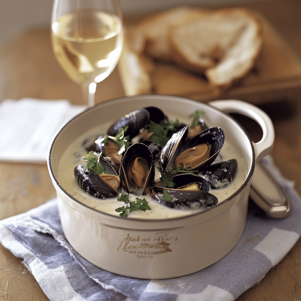 Moules à la crème et vin blanc
