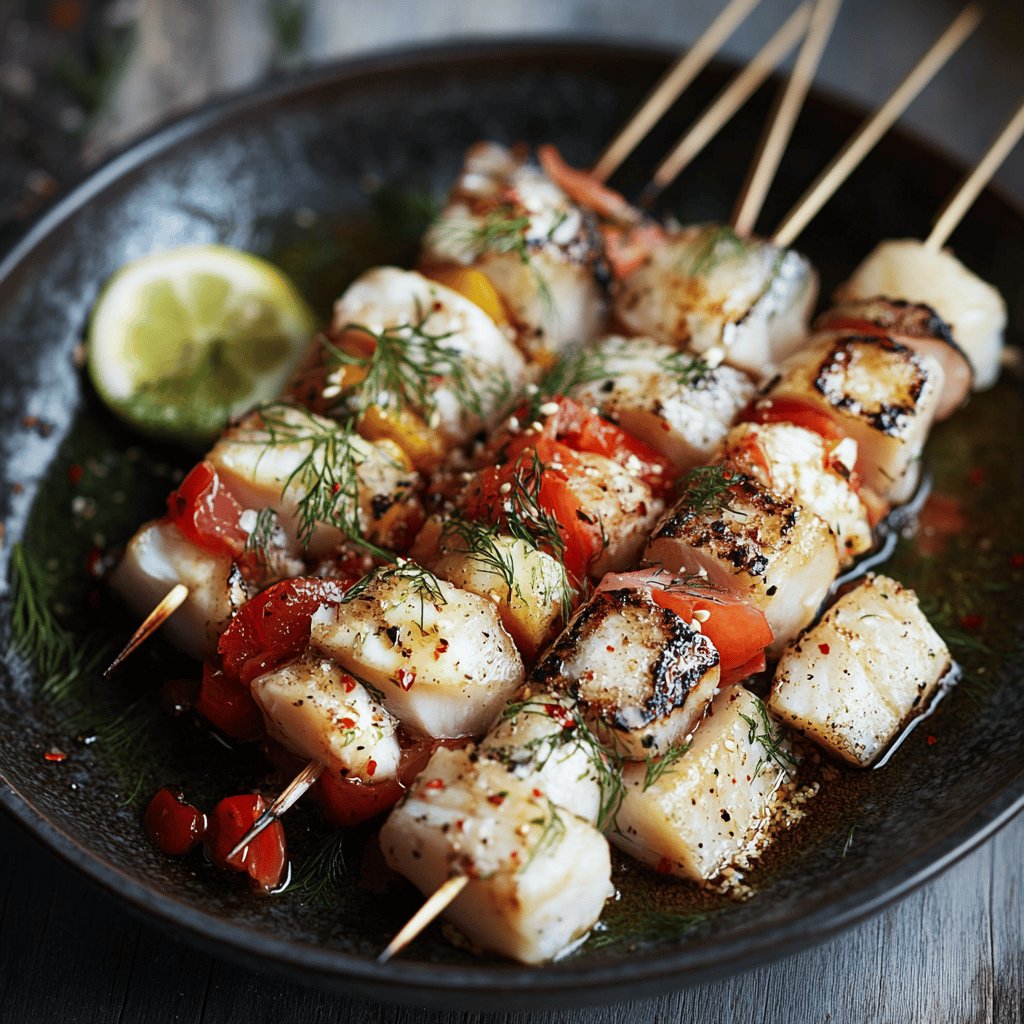 Brochettes de poisson marinées