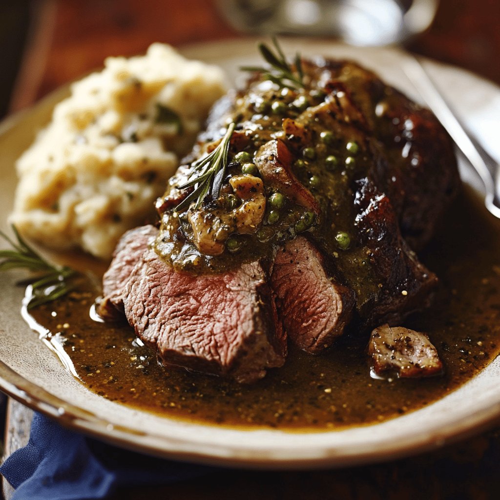 Rôti de cerf et sauce au poivre vert