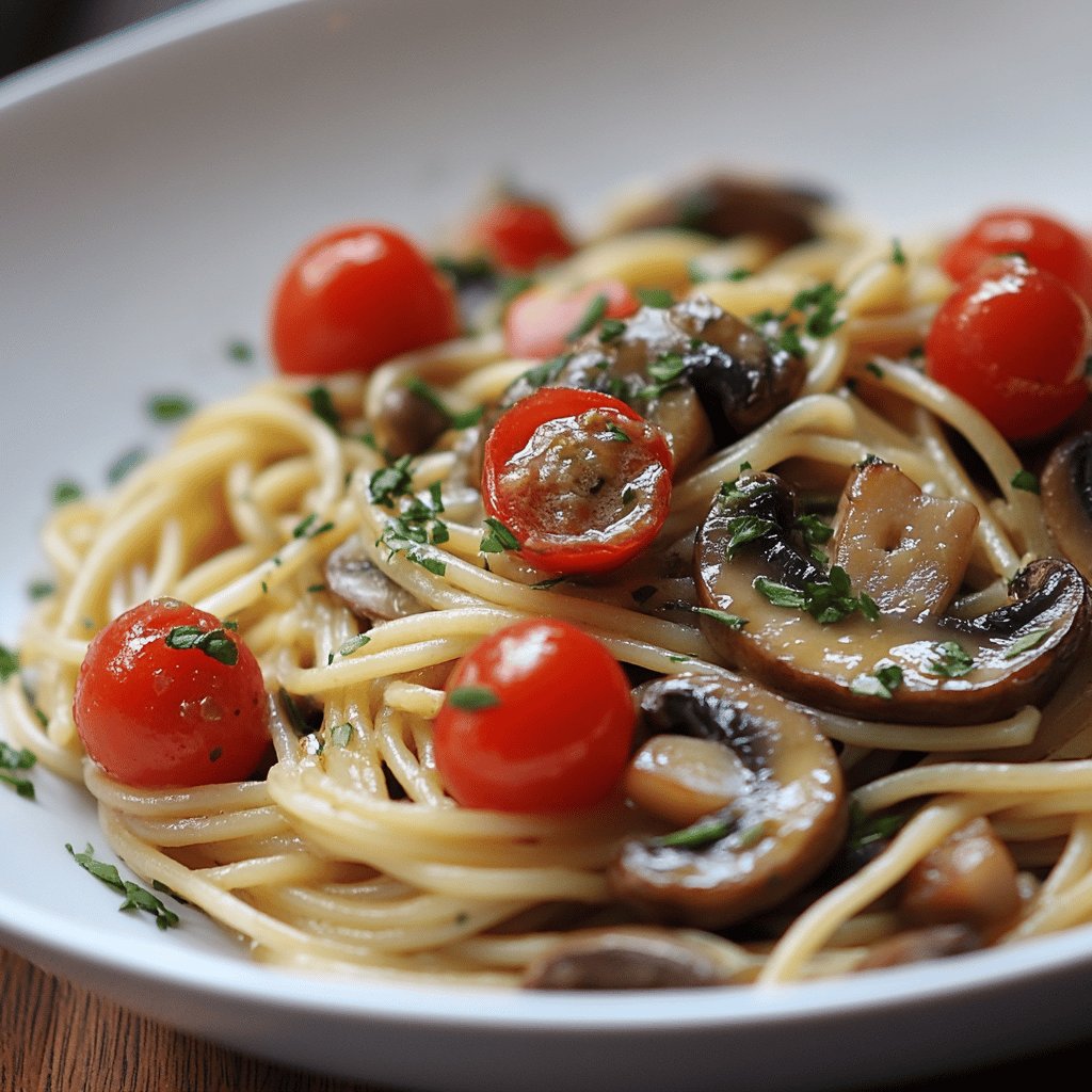 Spaghetti ai pomodorini e funghi