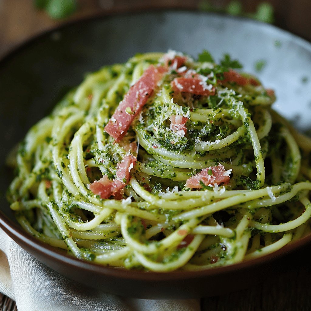 Pasta al pesto di prezzemolo e speck