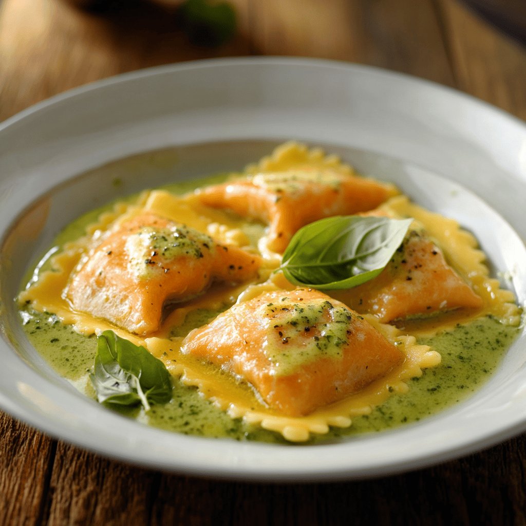 Ravioli di Salmone con Salsa al Basilico