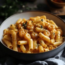 Pasta con camarones en salsa blanca