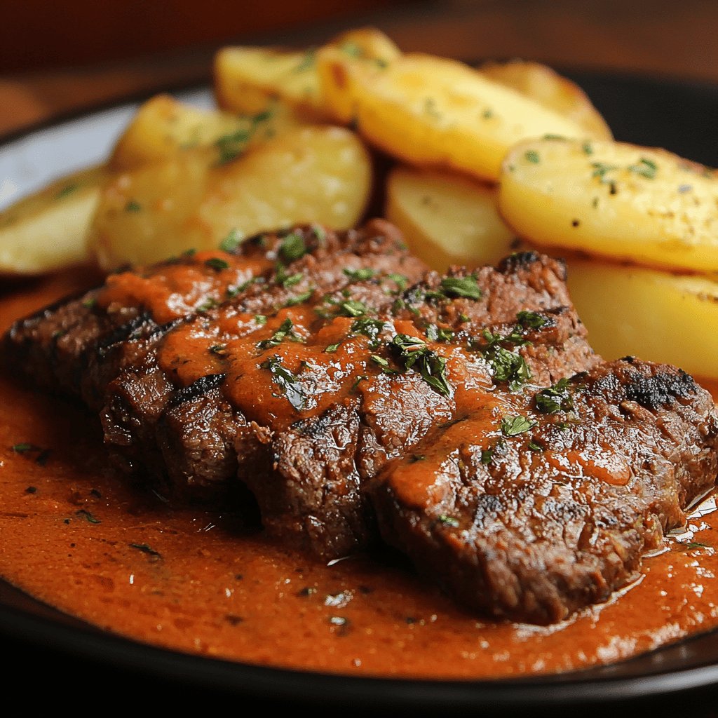 Bistec en salsa roja con papas