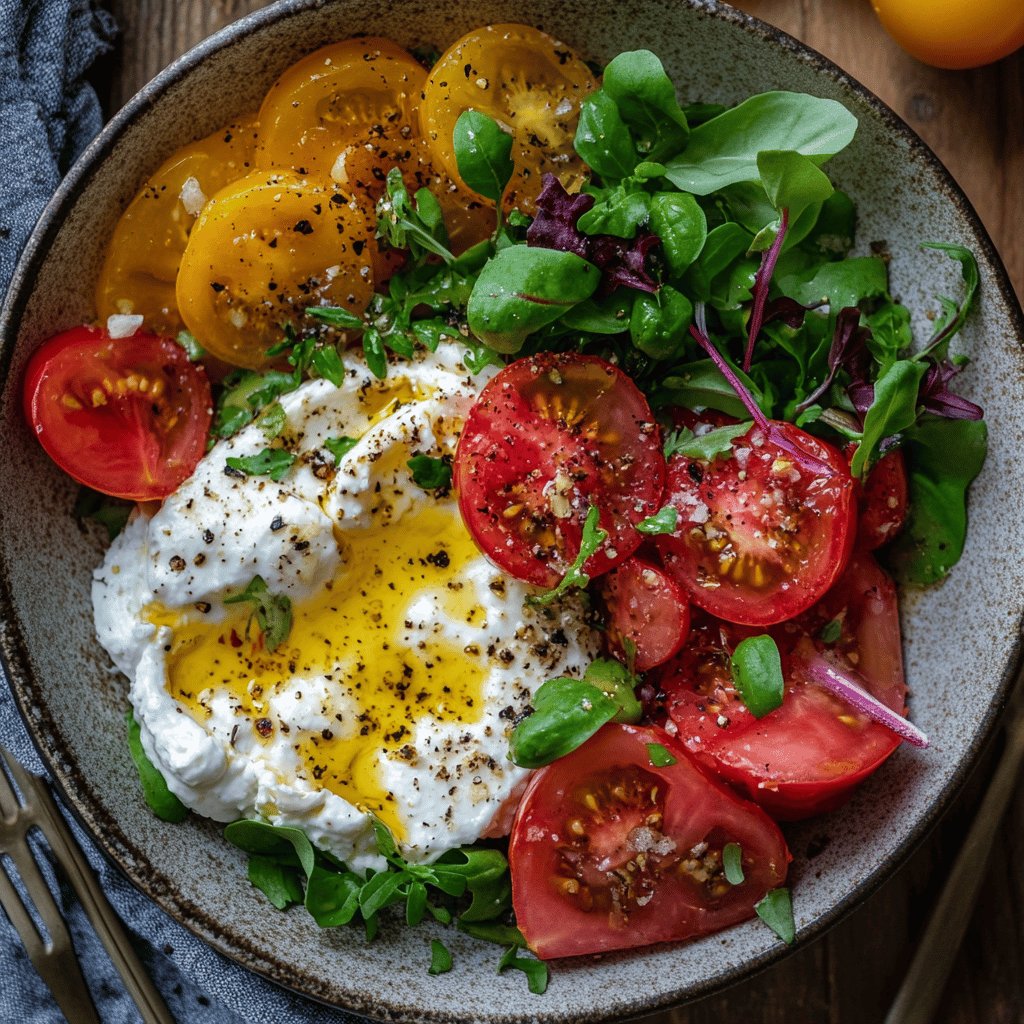 Ensalada de burrata con rúcula y tomate