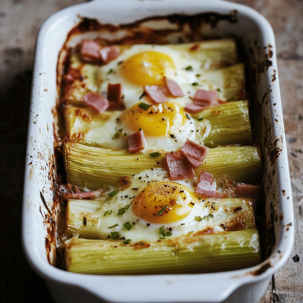 Puerros al horno con jamón y huevo