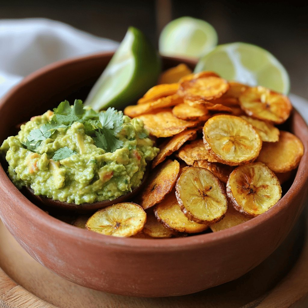 Receta de Chips de plátano verde con guacamole