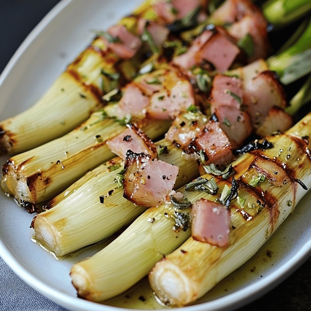 Puerros a la plancha con jamón