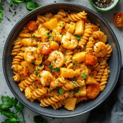 Pasta con camarones y verduras