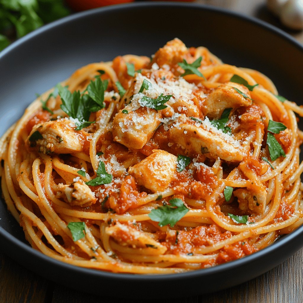 Espaguetis con pollo y salsa de tomate