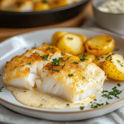 Bacalao gratinado con alioli y patatas