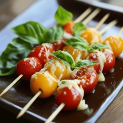 Brochetas de tomate cherry, queso y albahaca