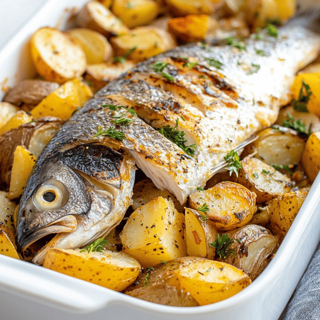 Dorada al horno con patatas y cebolla