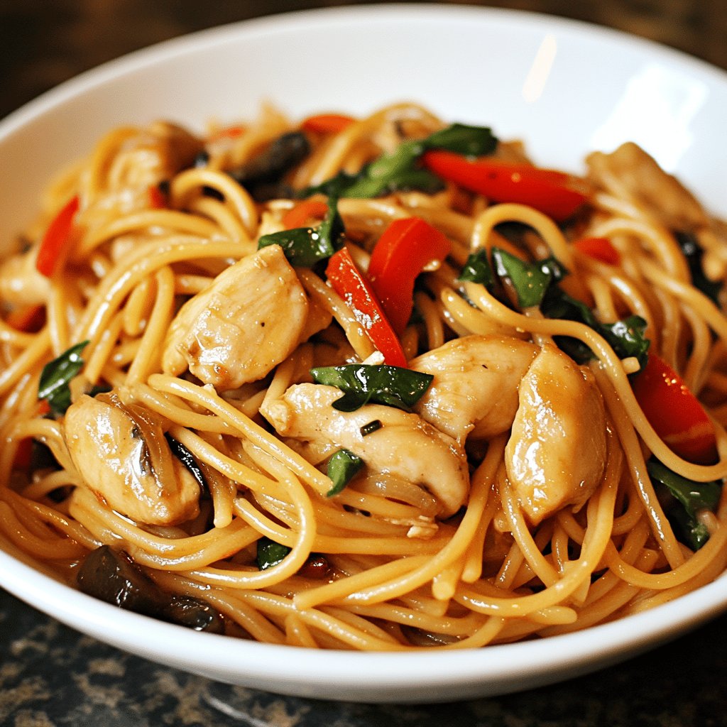 Pasta con pollo, verduras y soja