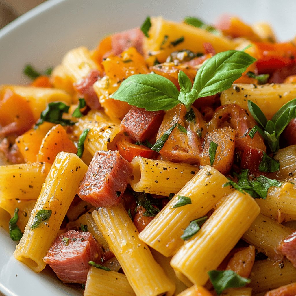 Pasta con jamón serrano y verduras