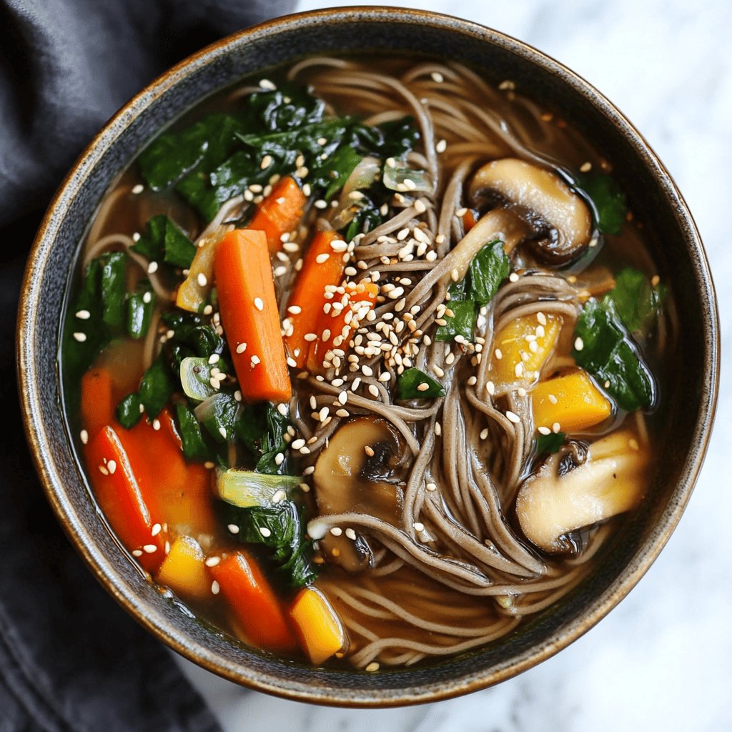 Sopa de fideos soba con verduras y setas