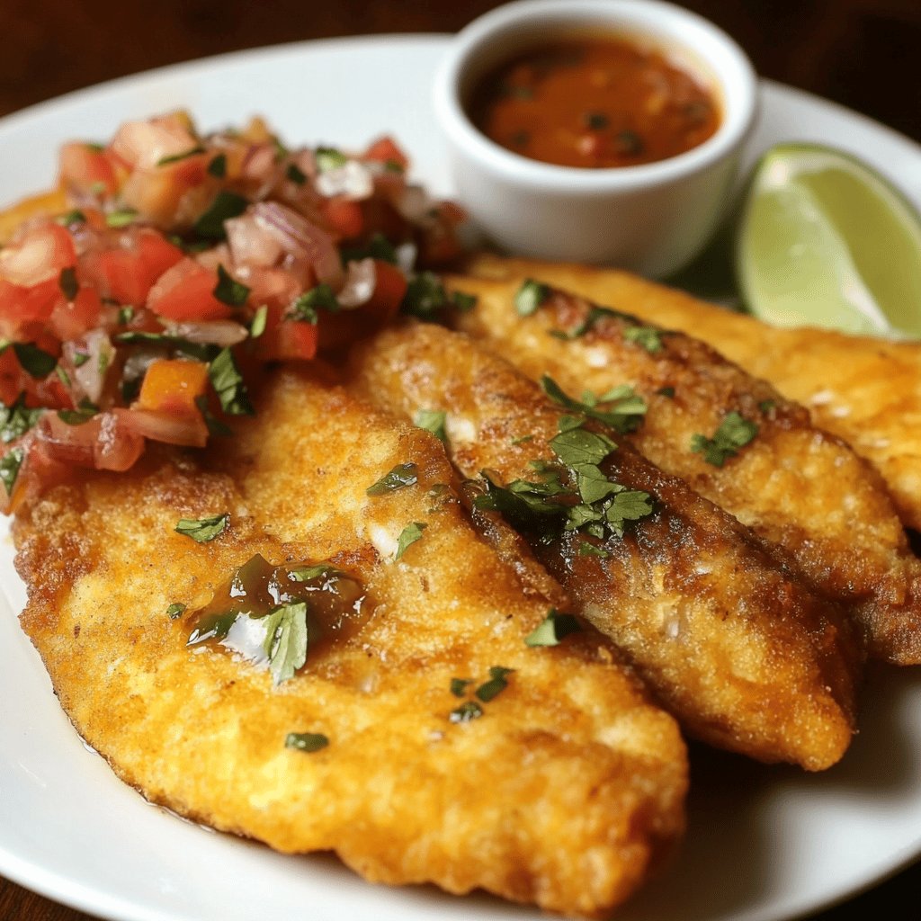 Pescado frito con patacones y salsa