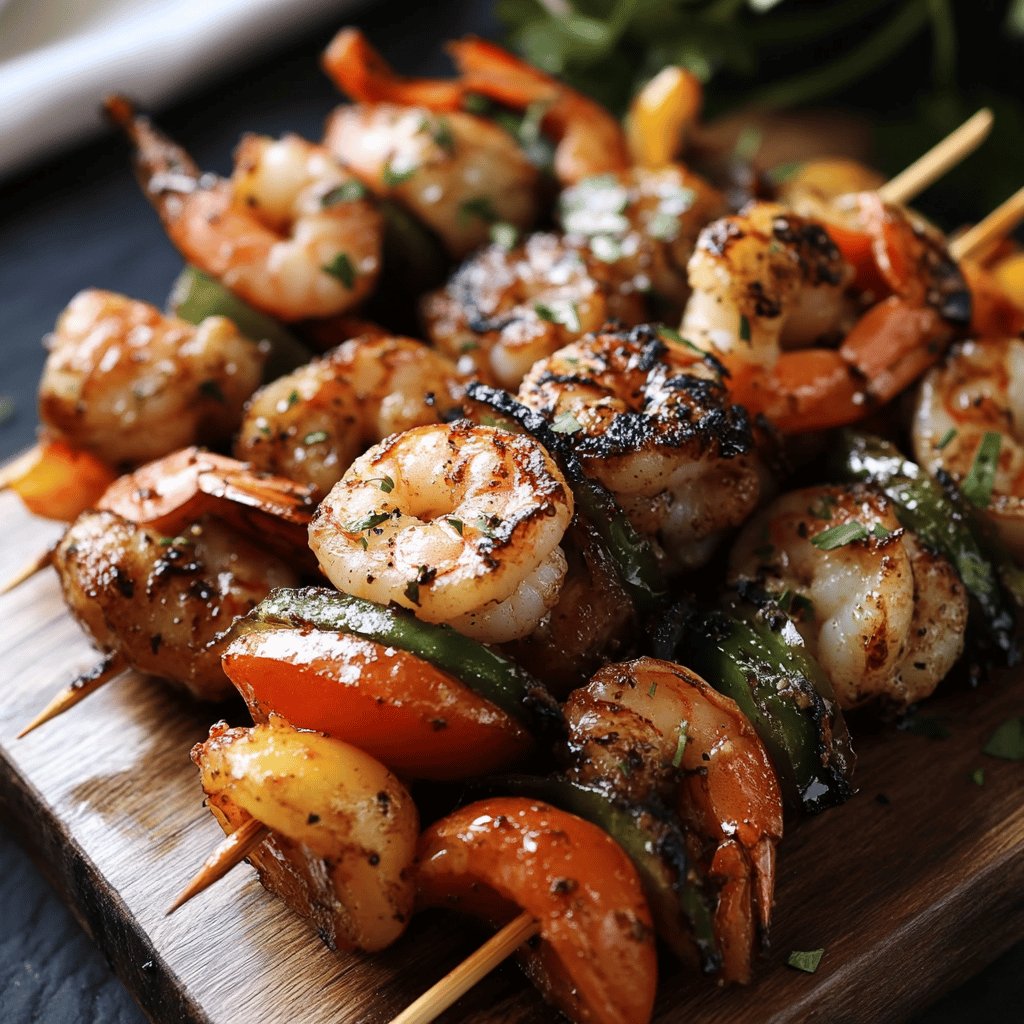 Brochetas de arrachera y camarón