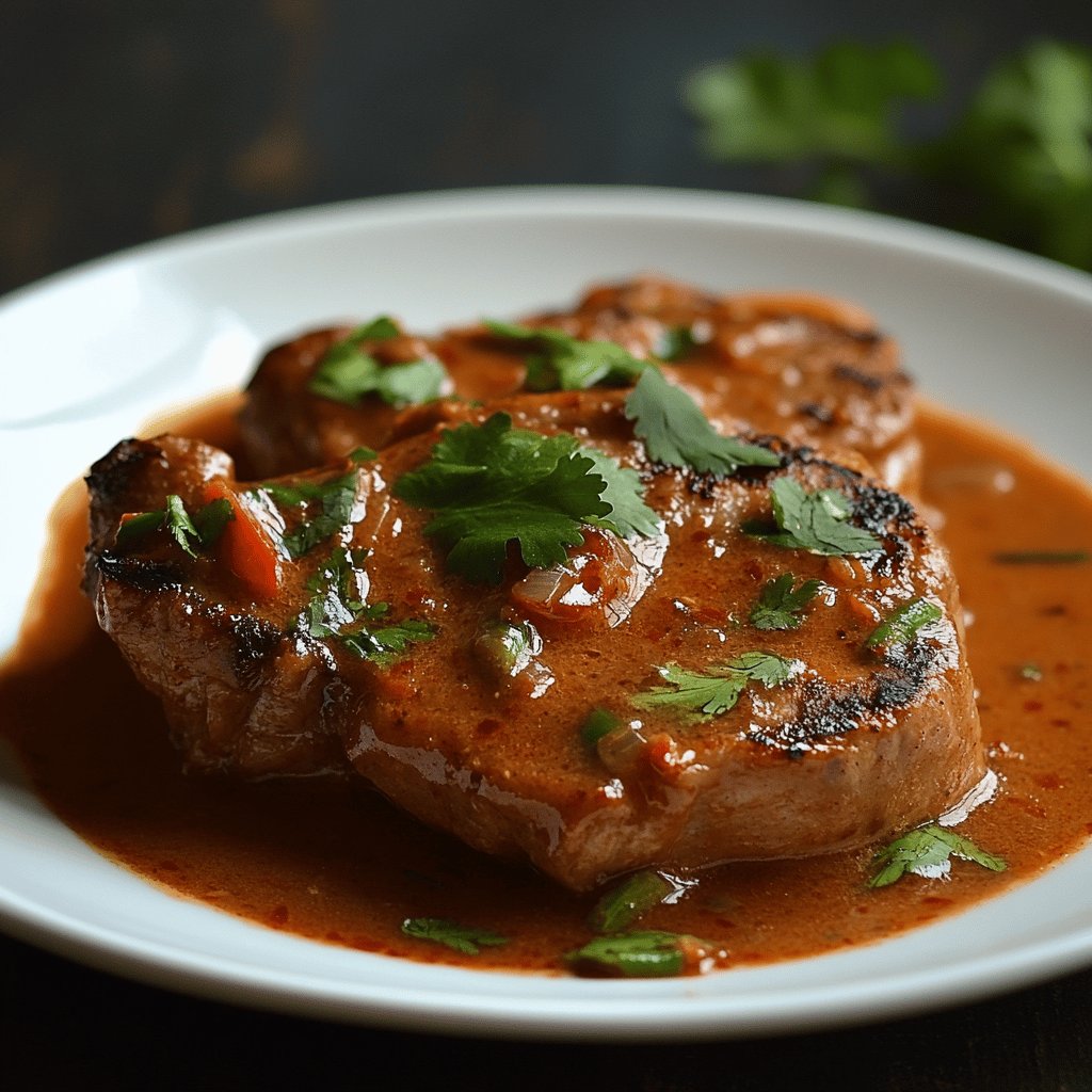 Bistec de cerdo en chile pasilla