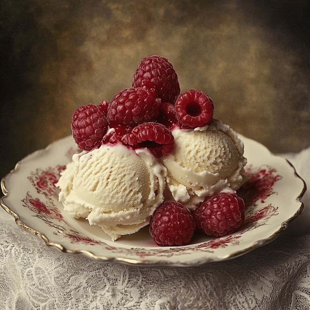 Vanilleeis mit heißen Himbeeren