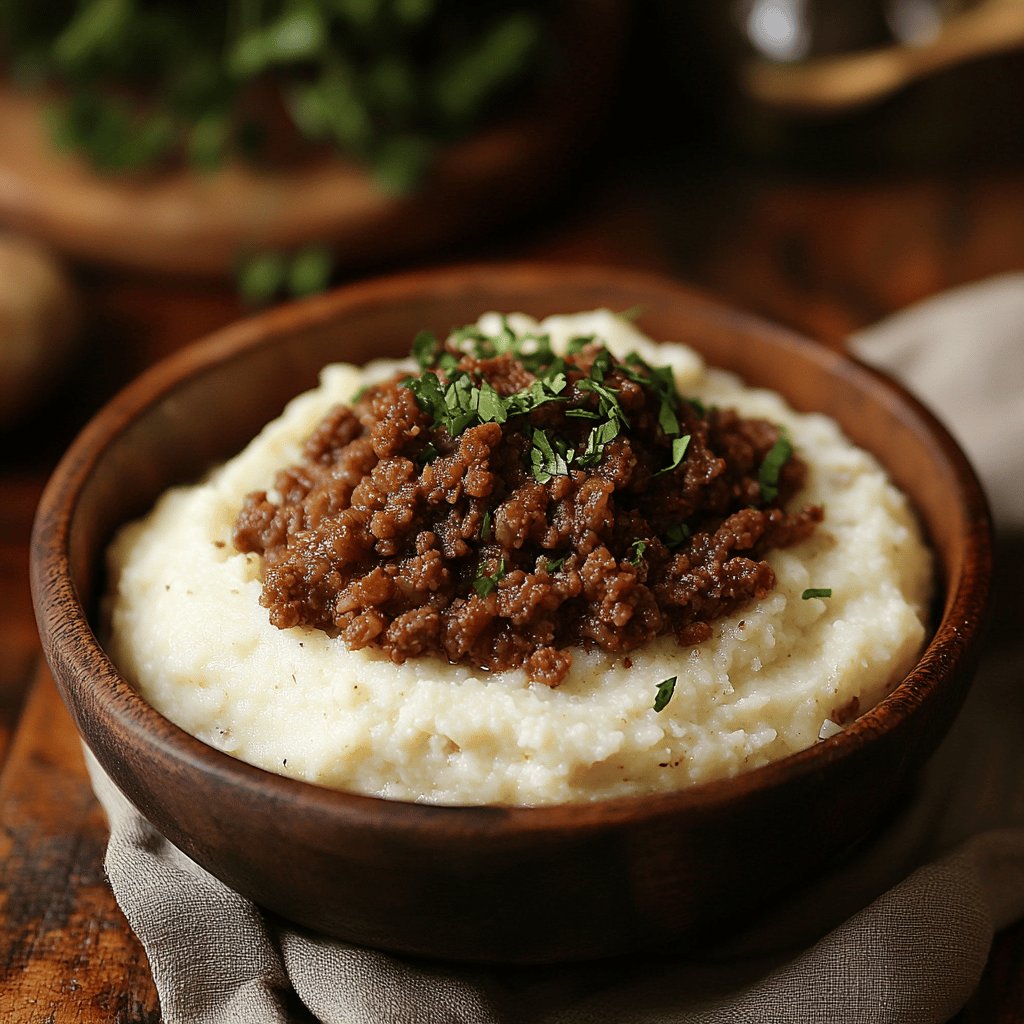 Blumenkohlpüree mit Hackfleisch