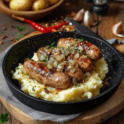 Bratwurst mit Zwiebelsauce und Püree