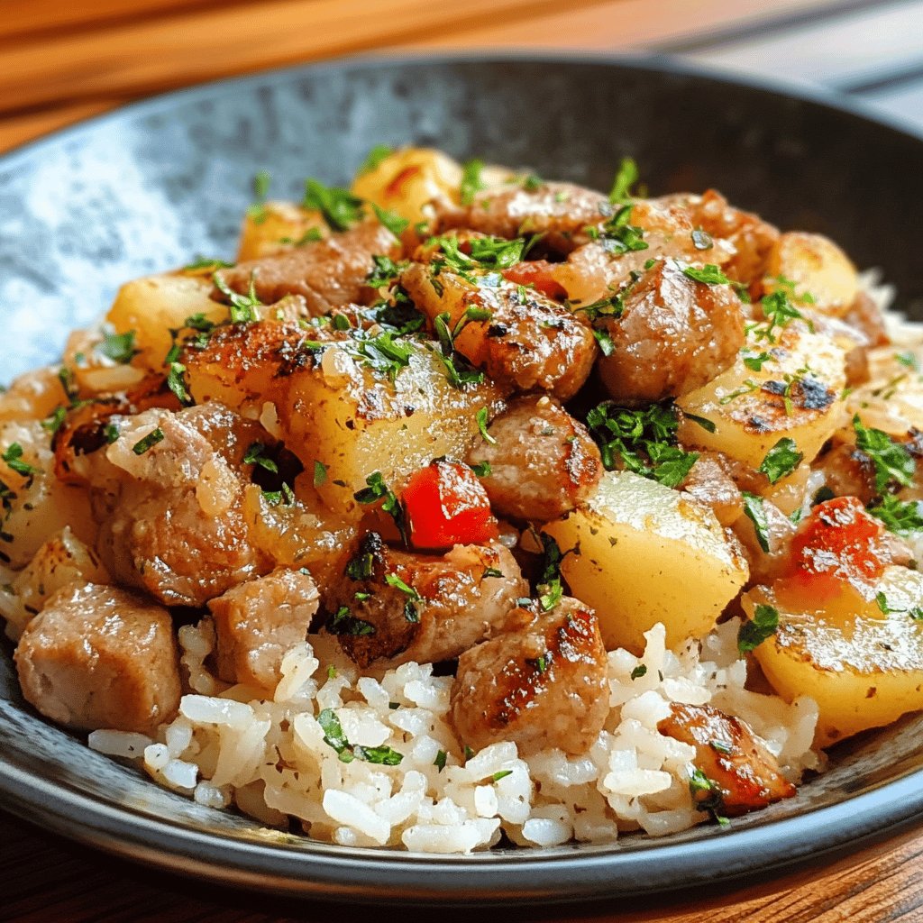 Reispfanne mit Fleisch und Kartoffeln