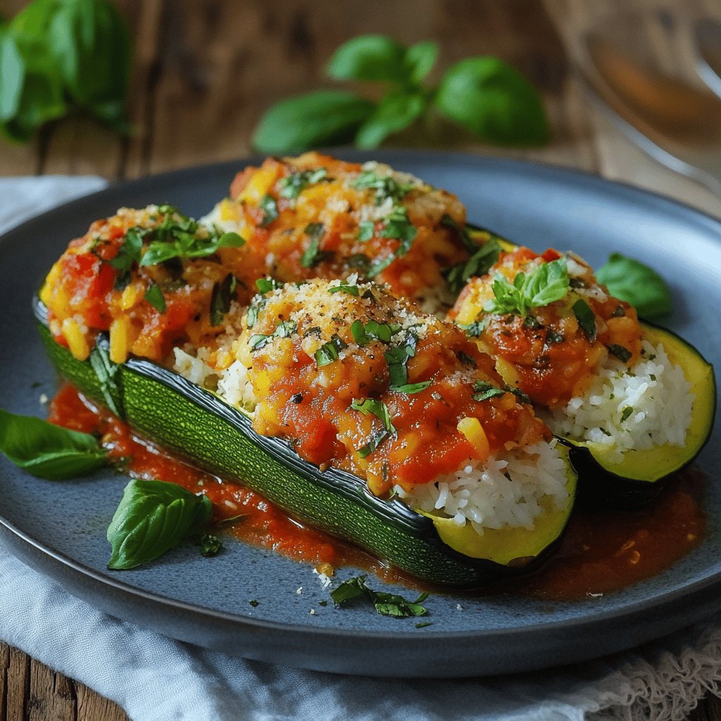 Zucchini gefüllt mit Reis und Tomatensoße