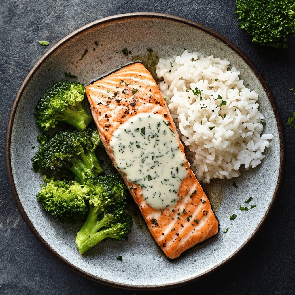 Lachs mit Reis und Kräutersoße
