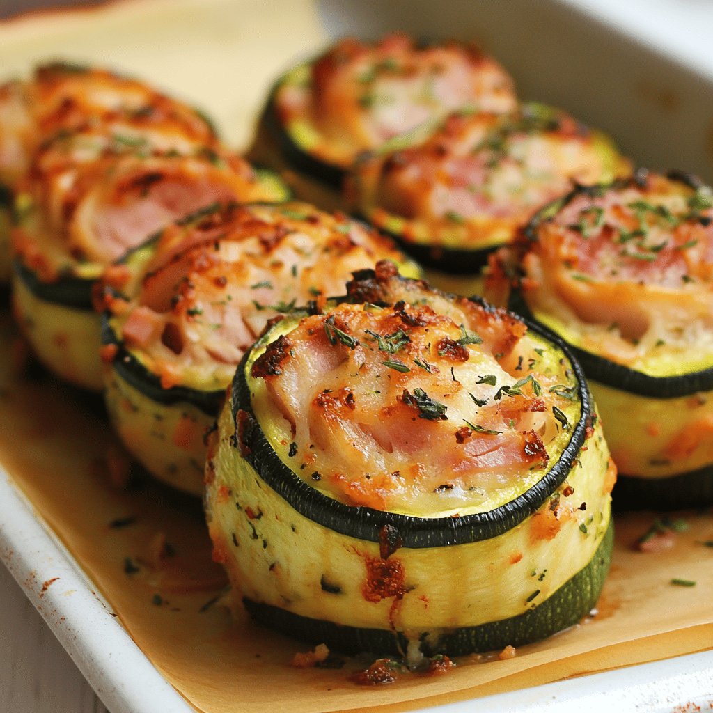 Überbackene Zucchini-Schinkenröllchen