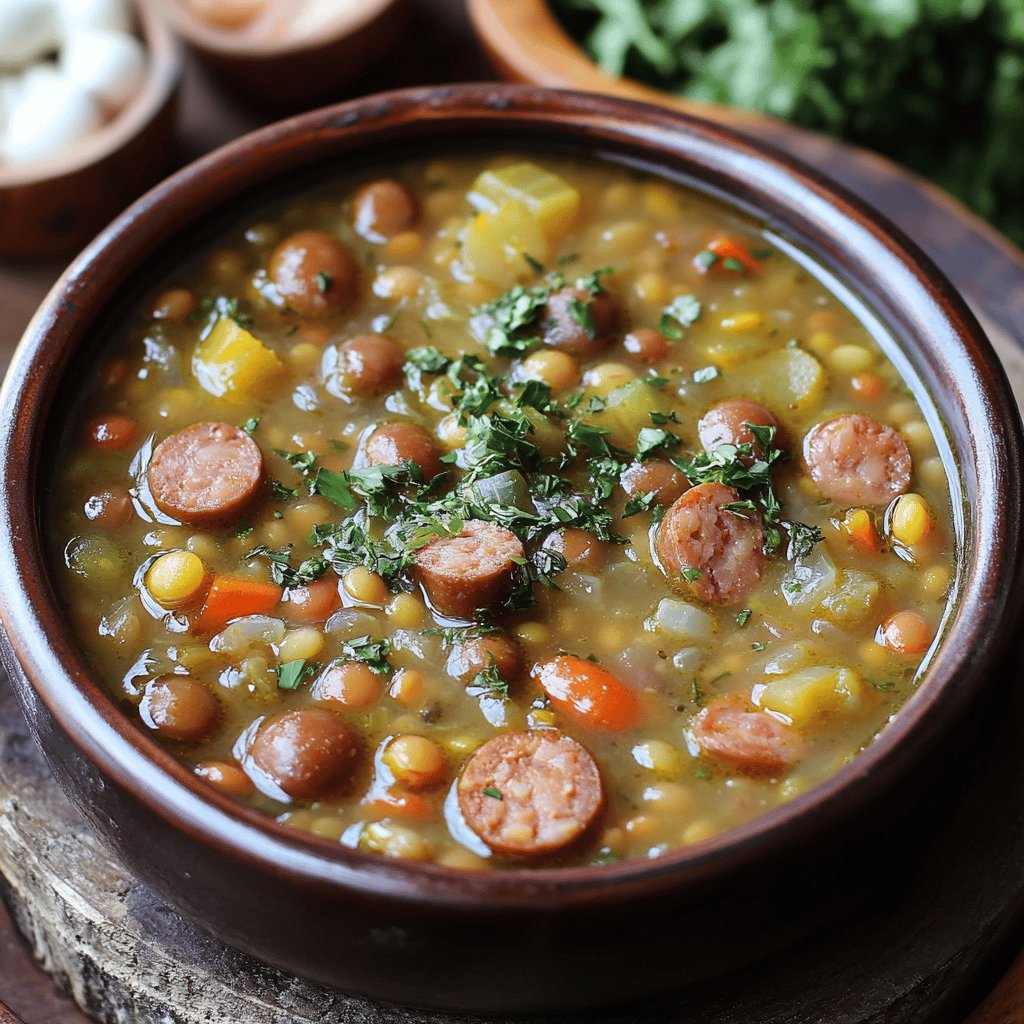 Herzhafte Linsensuppe mit Würstchen