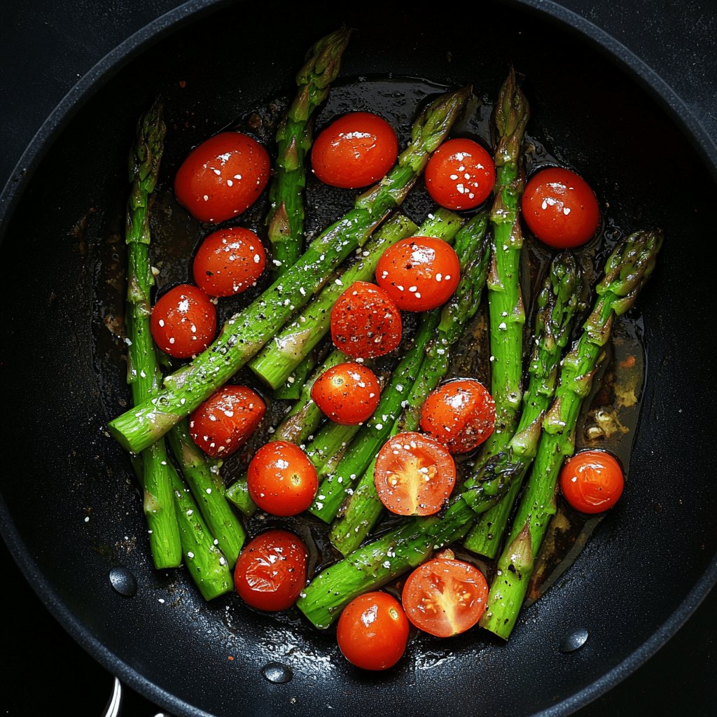 Gebratener grüner Spargel mit Tomaten