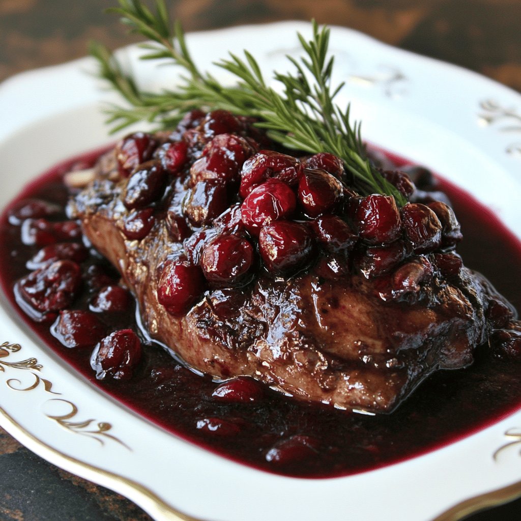 Hirschkeule in Rotwein-Preiselbeer-Sauce