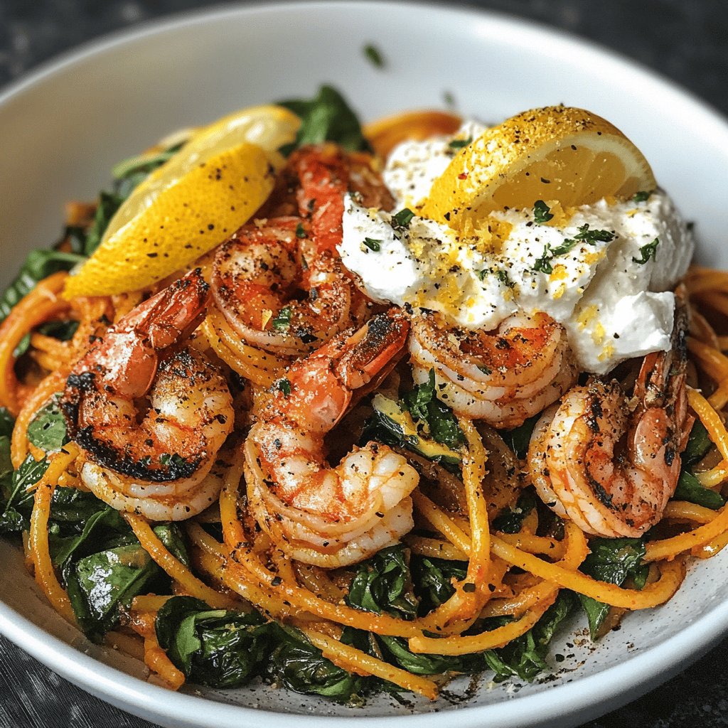 Zitronenspaghetti mit Frischkäse und Garnelen
