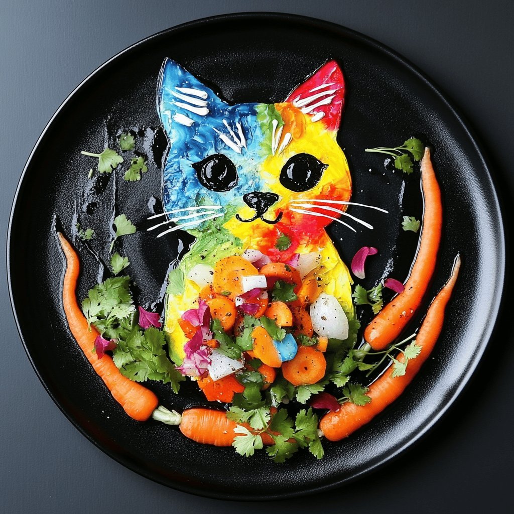 Bunte Katze mit Karottensalat