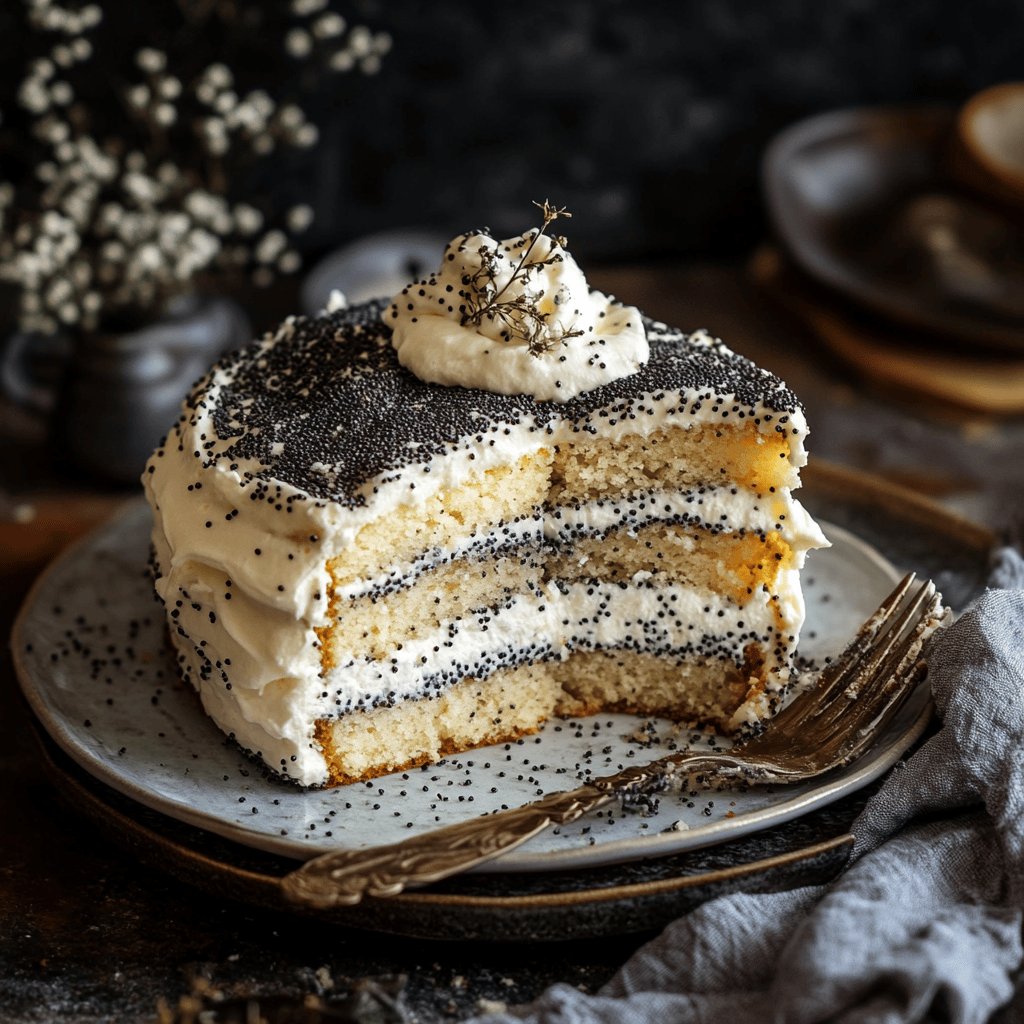 Mohnkuchen mit Schmand und Pudding