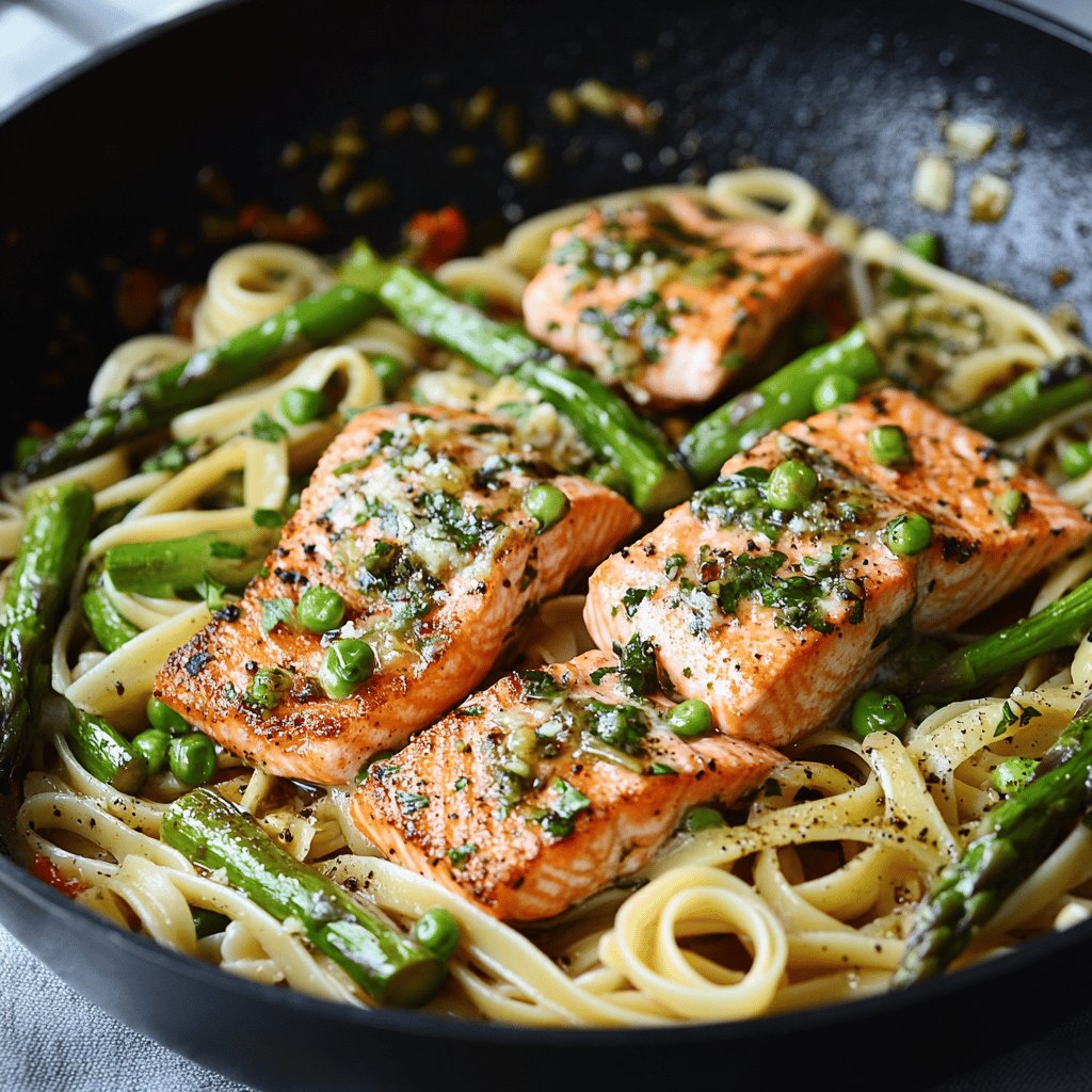Linguine mit Lachs und grünem Spargel