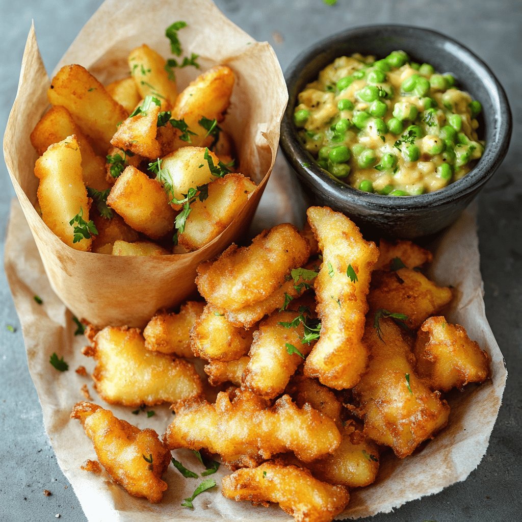Klassische Fish & Chips mit Beilagen