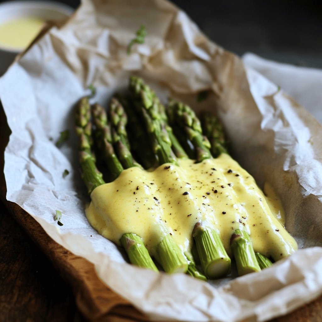 Spargel in Backpapier mit Hollandaise