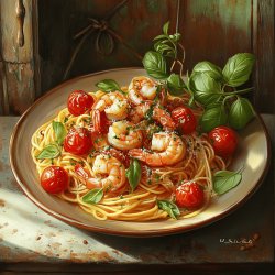 Spaghetti mit Tomaten und Garnelen
