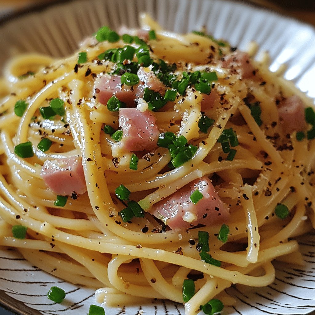 Nudeln mit Lauchzwiebeln und Schinken