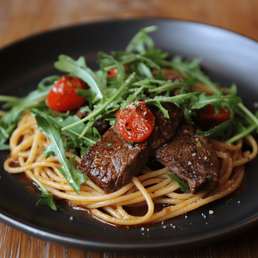 Spaghetti mit Rinderfilet und Rucola