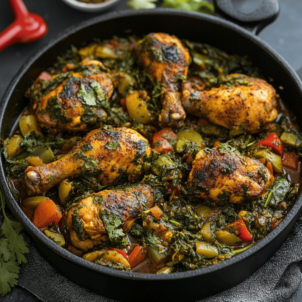 Jamaikanisches Callaloo mit Hühnchen